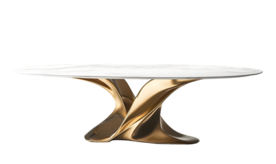 Oval-shaped table with a white marble top and a unique, sculpted, gold-colored base.  The design is modern and elegant