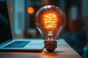 A glowing light bulb rests on a table next to a laptop, symbolizing ideas and innovation.