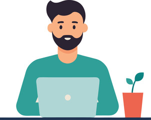 Happy Man Working on Laptop at Home Office Desk with Plant