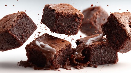 Chocolate brownies floating in mid-air, creating a delicious visual, isolated on background