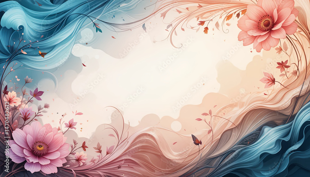 Poster swirls of soft pastel colors blend seamlessly in this design featuring floral motifs and gentle wave