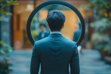 Reward yourself when success or achieve personal goal to increase motivation and inspiration, celebrate victory or winning concept, businessman get reward from himself in the mirror for self