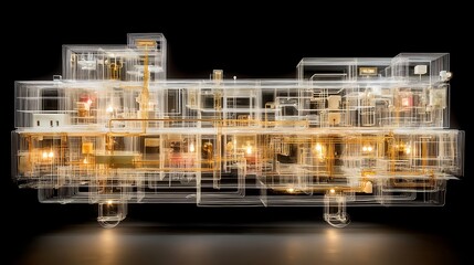 The image shows a complex schematic of a building facade consisting of numerous rooms, pipes, fixtures, and wires in gold and white