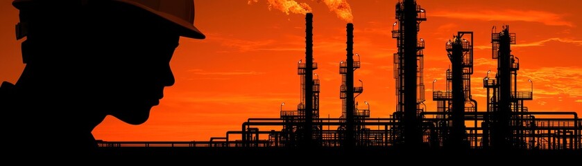 An oil refinery worker looks at the industrial plant silhouette