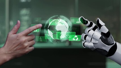 A human hand reaches toward a robotic hand in a digital environment, showcasing advanced technology and sustainability concepts through a virtual globe and eco-friendly symbols. Auvana - Powered by Adobe