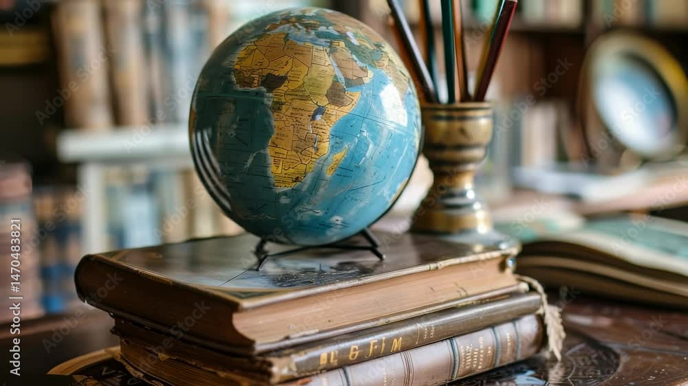 Aufkleber this image features a globe sitting on top of a stack of vintage books, adjacent to a pencil holder.