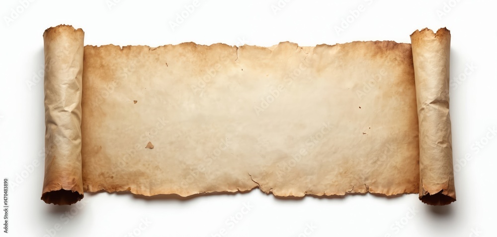 Aufkleber Old parchment paper scroll with rough texture. Horizontal banner on white background with copy space. Ancient manuscript illustration, blank antique map. Perfect for treasure, history, pirate themed