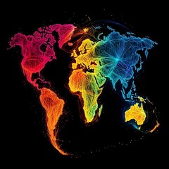 Vibrant interconnected world map illustration against a dark contrasting backdrop