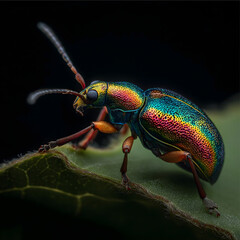 Naklejka premium Colorful beetle resting on a leaf in a dark environment during daytime