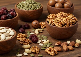 Fototapeta premium Assortment of nuts and dried fruits in wooden bowls on a wooden surface