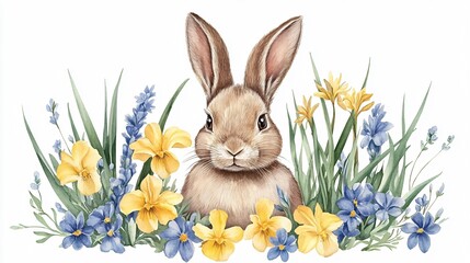 Fototapeta premium Beautiful Bunny with Yellow Irises and Blue Hyacinth - Bright and Colorful Springtime Illustration