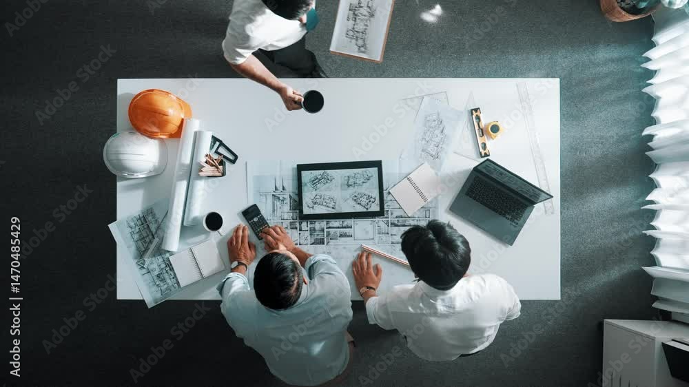 Poster top down view of professional manager look at plan while designer hold blueprint while present proje