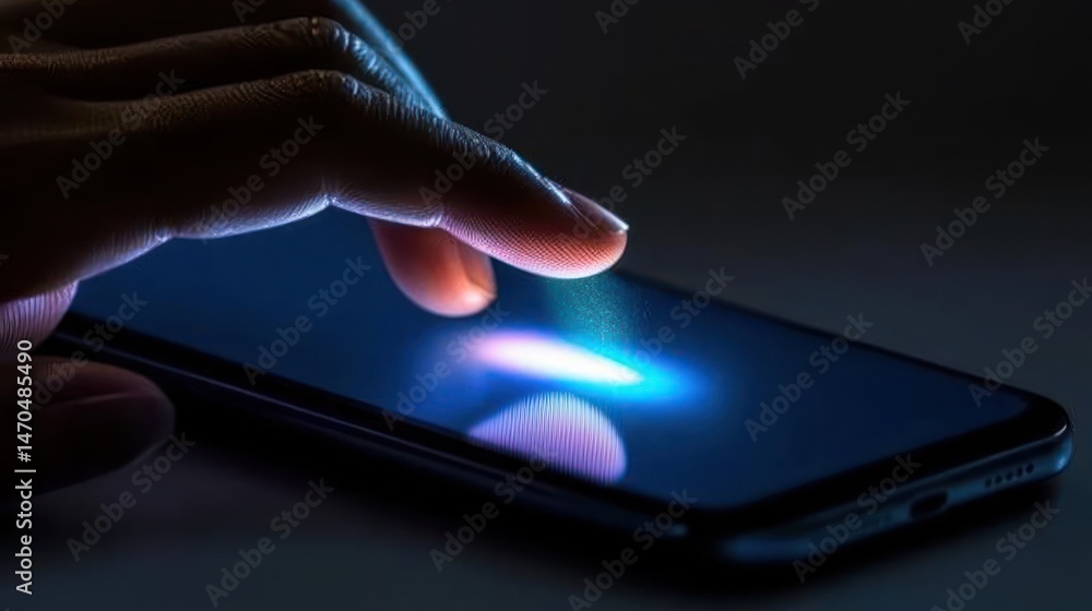 Poster a hand is touching a glowing screen of a device