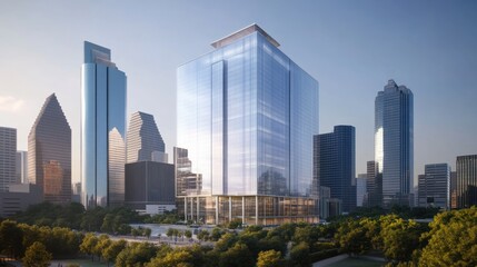 Obraz premium Modern skyscraper, city skyline, sunrise, park