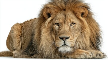 Fototapeta premium A majestic male lion lying calmly, showcasing strength and serenity, isolated on a white background