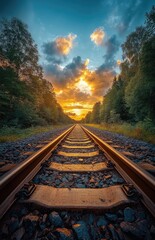Fototapeta premium Sunset over railway tracks through forest