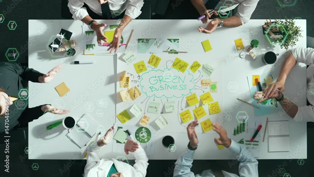Poster top view of professional business team working together to brainstorm environmental idea by using mi