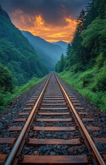 Fototapeta premium Sunset over mountain train tracks. Lush forest lining a rail route