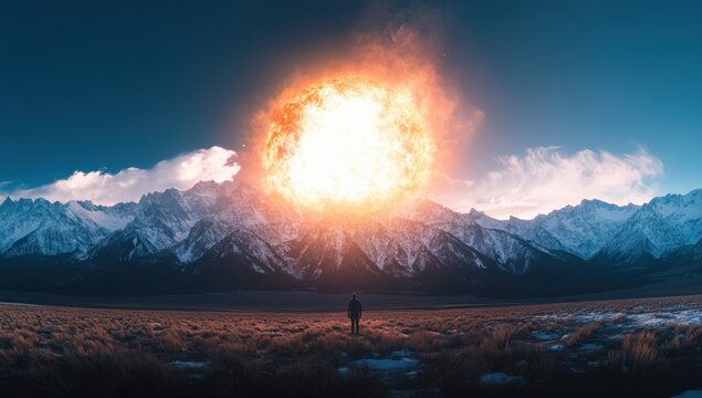 Giant sun, towering mountains, solitary figure