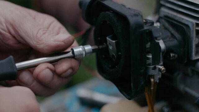 The craftsman disassembles the engine of a lawnmower