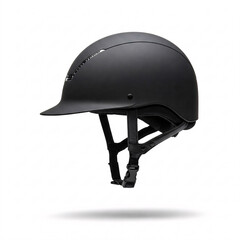 Fototapeta premium Black matte equestrian helmet with silver accents falling, isolated on white background.