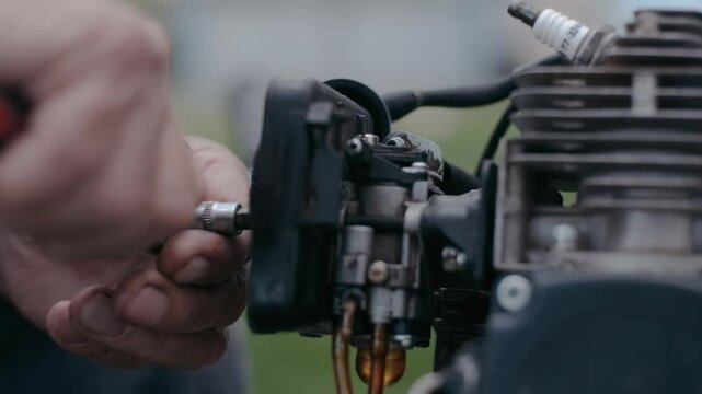 The craftsman disassembles the engine of a lawnmower