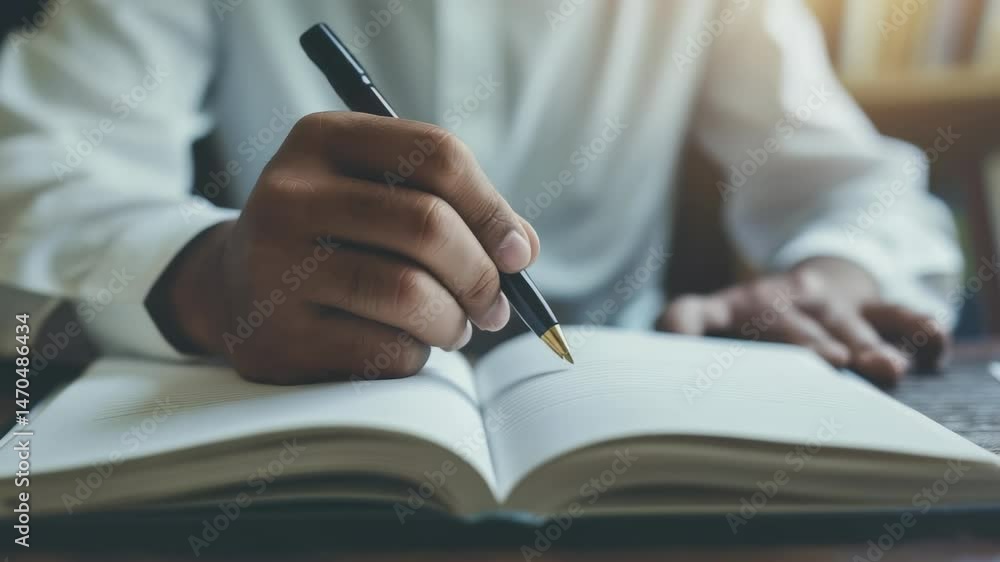 Poster a person is sitting at a wooden desk and writing in an open book. the image suggests focus, attentio