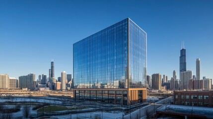 Fototapeta premium Modern Chicago office building, sunny day, city skyline background, architectural photography