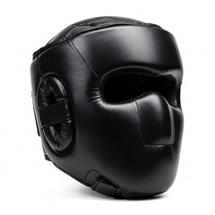 Naklejka premium Black leather boxing headgear with face and ear protection, isolated on white