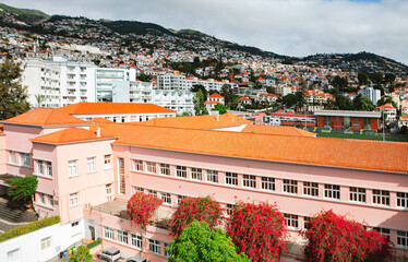Aerial shot captures Funchal iconic red roofed skyline and the historic Liceu de Jaime Moniz, framed by lush hills vibrant showcase of Madeira urban charm. Perfect for travel or real estate scene