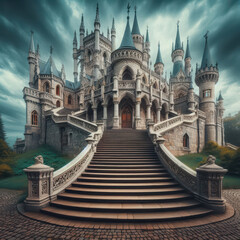 Naklejka premium Majestic castle with spires and detailed architecture under a dramatic sky at twilight