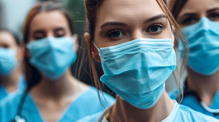 Group of healthcare workers wearing surgical masks looking at the camera in a hospital setting outside
