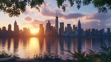 Fototapeta premium Sunset reflections in water below cranes and buildings high resolution picture