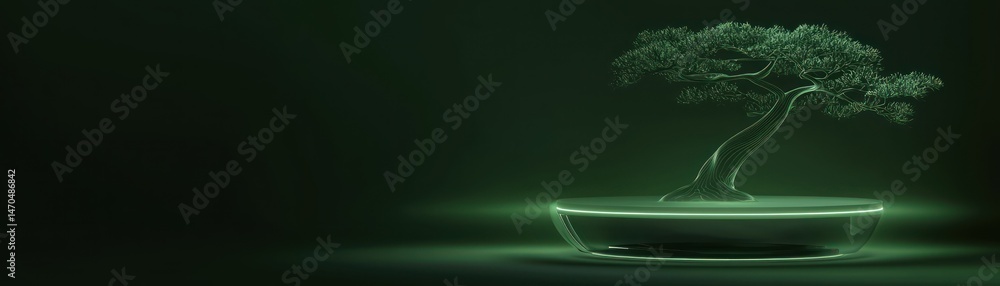 Poster a glowing green tree on a modern minimalist display stand