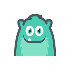 Illustration of a teal cartoon monster with a single tooth and a friendly smile on a white background design