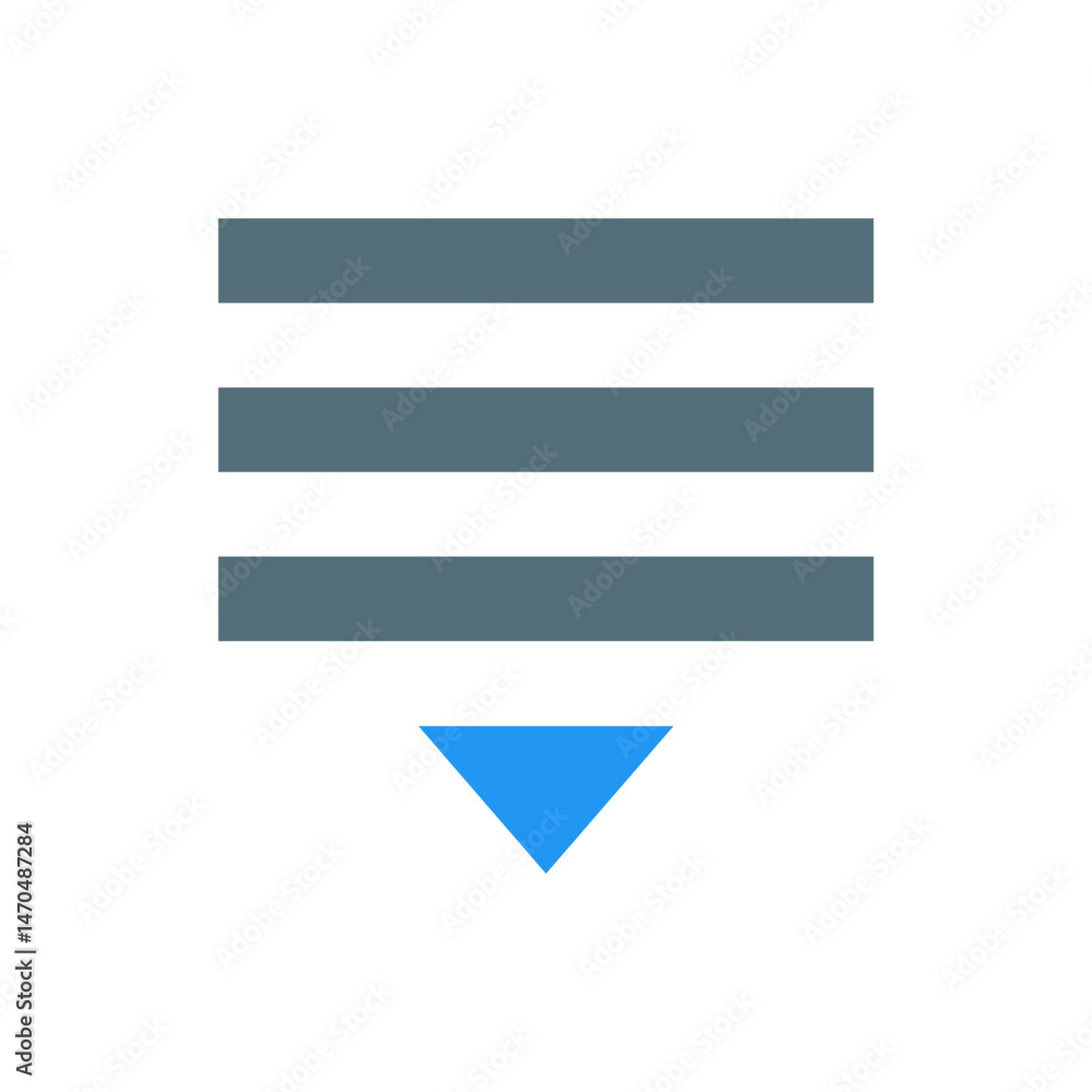 Poster three horizontal gray bars stacked above a blue downward pointing triangle on a white background vie