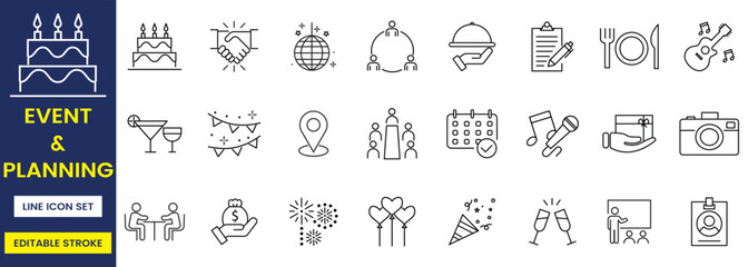 Event planning icon set, customizable stroke, vector, illustration, line icon set 