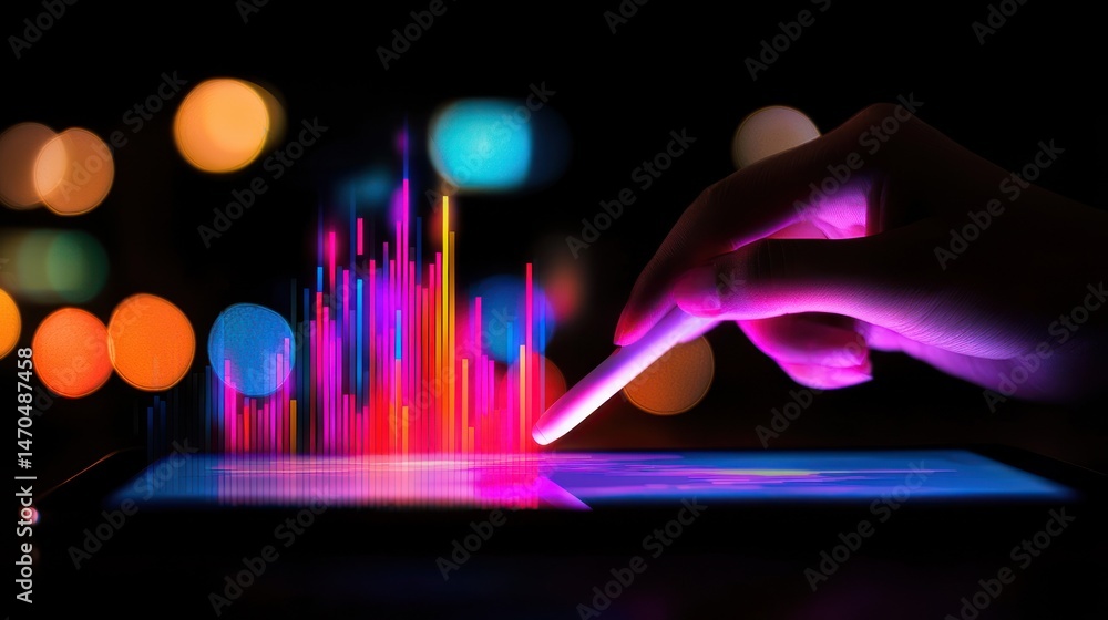Poster A hand interacts with a digital display showing data visualizations at night
