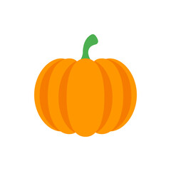 Illustration of a bright orange pumpkin with a green stem isolated on a white background in a flat style