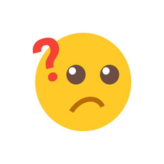 Confused yellow emoji face with brown eyes and mouth and a red question mark on the top left corner