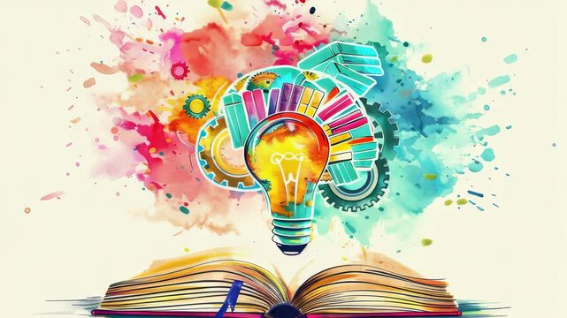 A creatively styled image shows an open book with a lightbulb emerging from the pages. The lightbulb is surrounded by art supplies and gears, symbolizing creative ideas and knowledge.