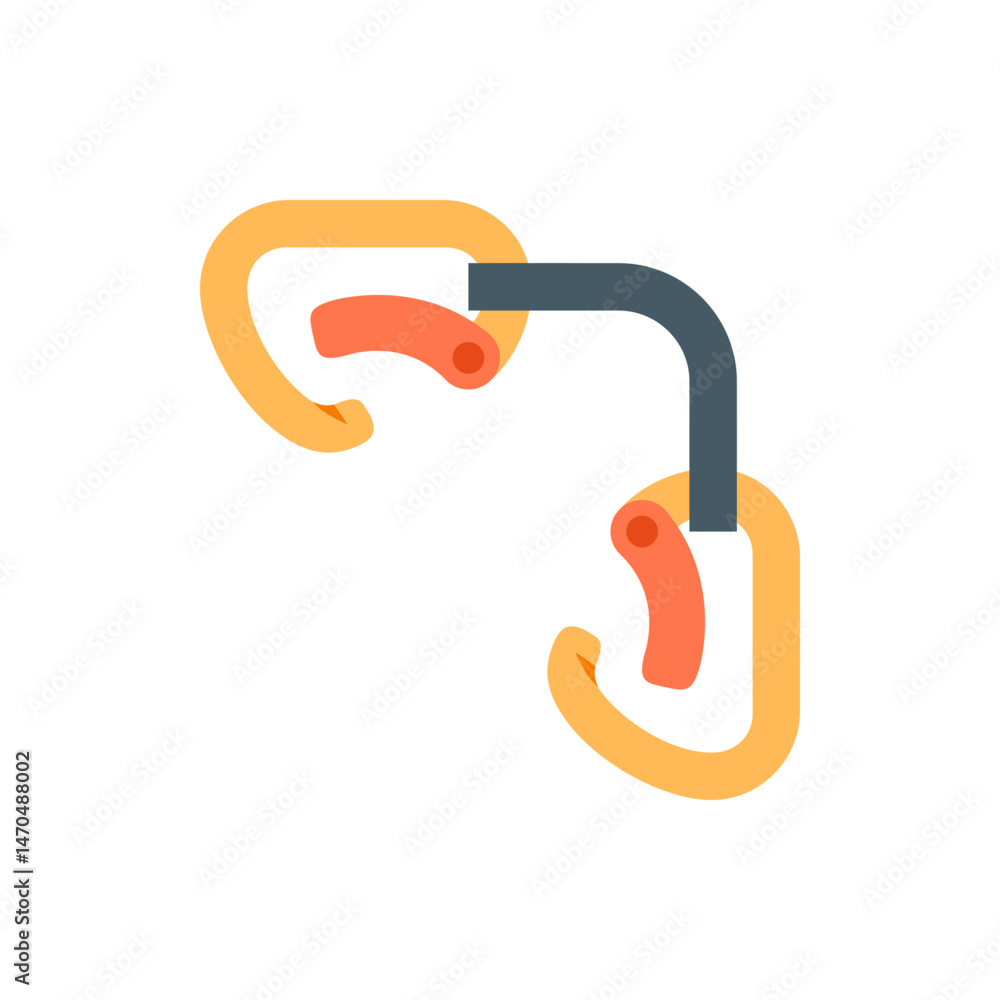 Poster two orange carabiners connected by a gray curved bar on a white background in a simple graphic style