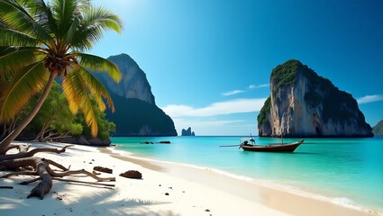Fototapeta premium A scenic tropical beach with turquoise waters, towering limestone cliffs, palm trees, and a traditional long-tail boat, wide angle
