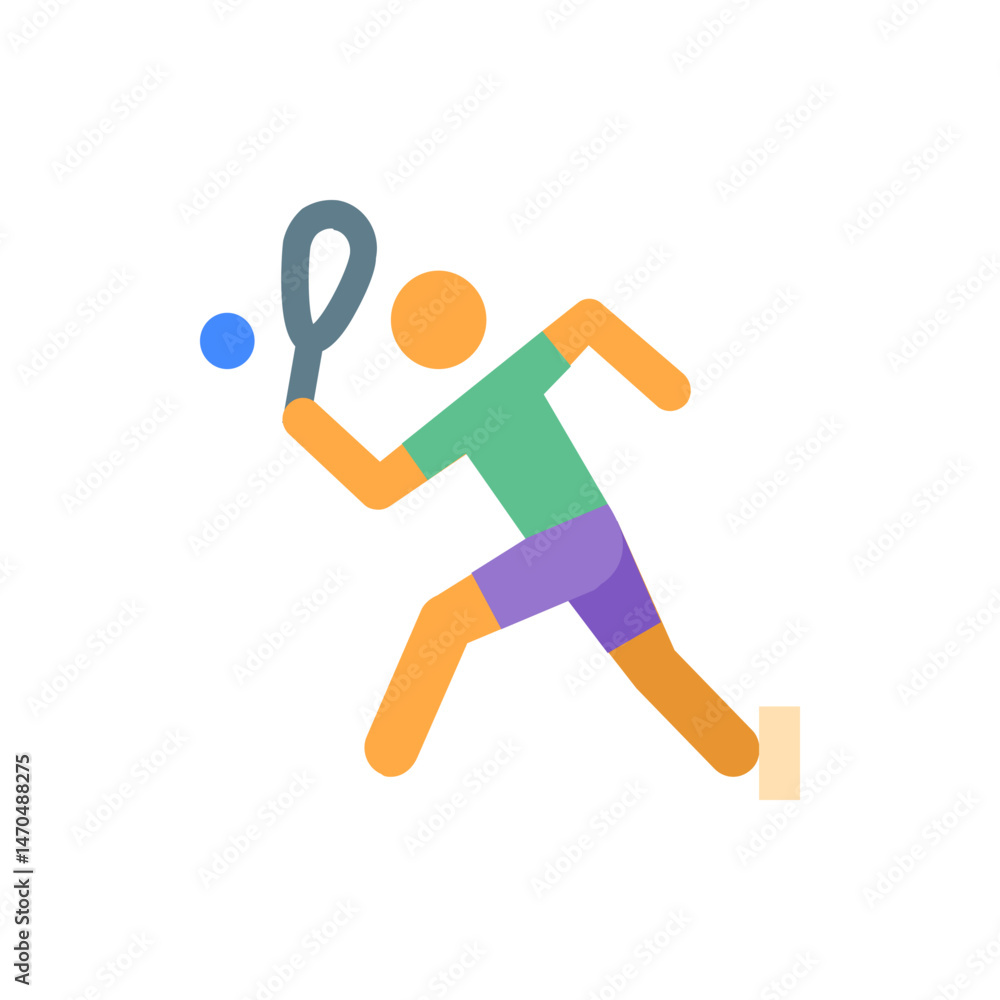Poster illustration of a squash player hitting a ball with a racket in a dynamic pose on a plain white back