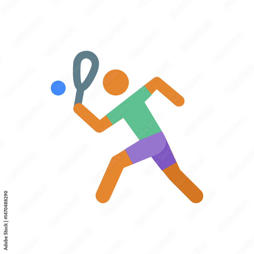 Aufkleber illustration of a squash player with a racket about to hit a blue ball in a dynamic pose on white ba