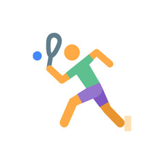 Illustration of a squash player hitting a ball with a racket in a dynamic pose on a plain white background