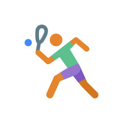 Illustration of a squash player with a racket about to hit a blue ball in a dynamic pose on white background