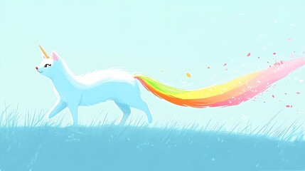 Obraz premium Cartoon unicorn with rainbow tail walking across the field