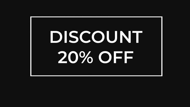 White discount offer 20 with various frame and line animations appears on a bright black background, ideal for promotional videos and marketing campaigns, minimalist design
