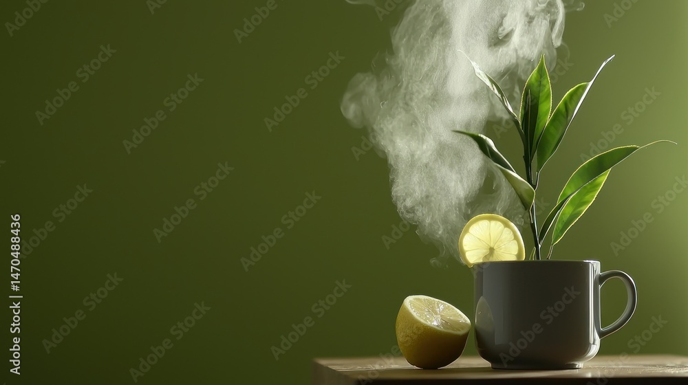 Poster a steaming cup with a lemon slice and a plant inside it